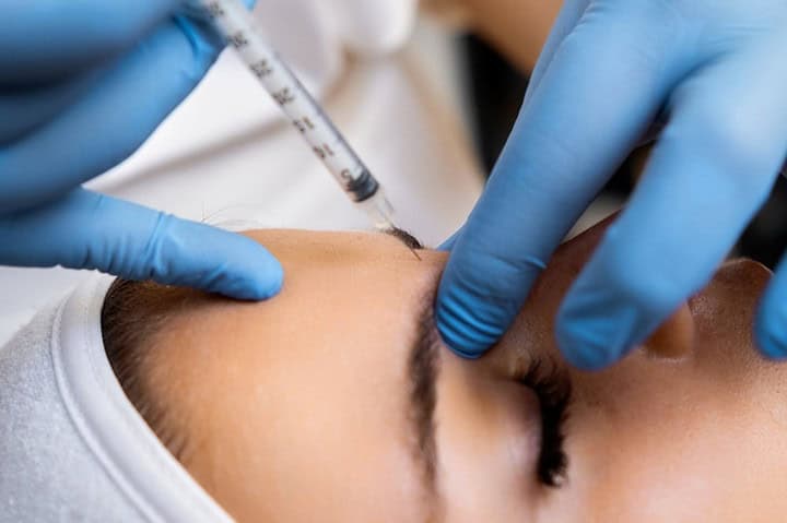 Young woman getting a Botox injection between the eyebrows