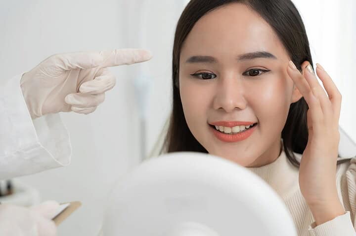 An Asian woman happy with the results after receiving a Restylane filler injection.
