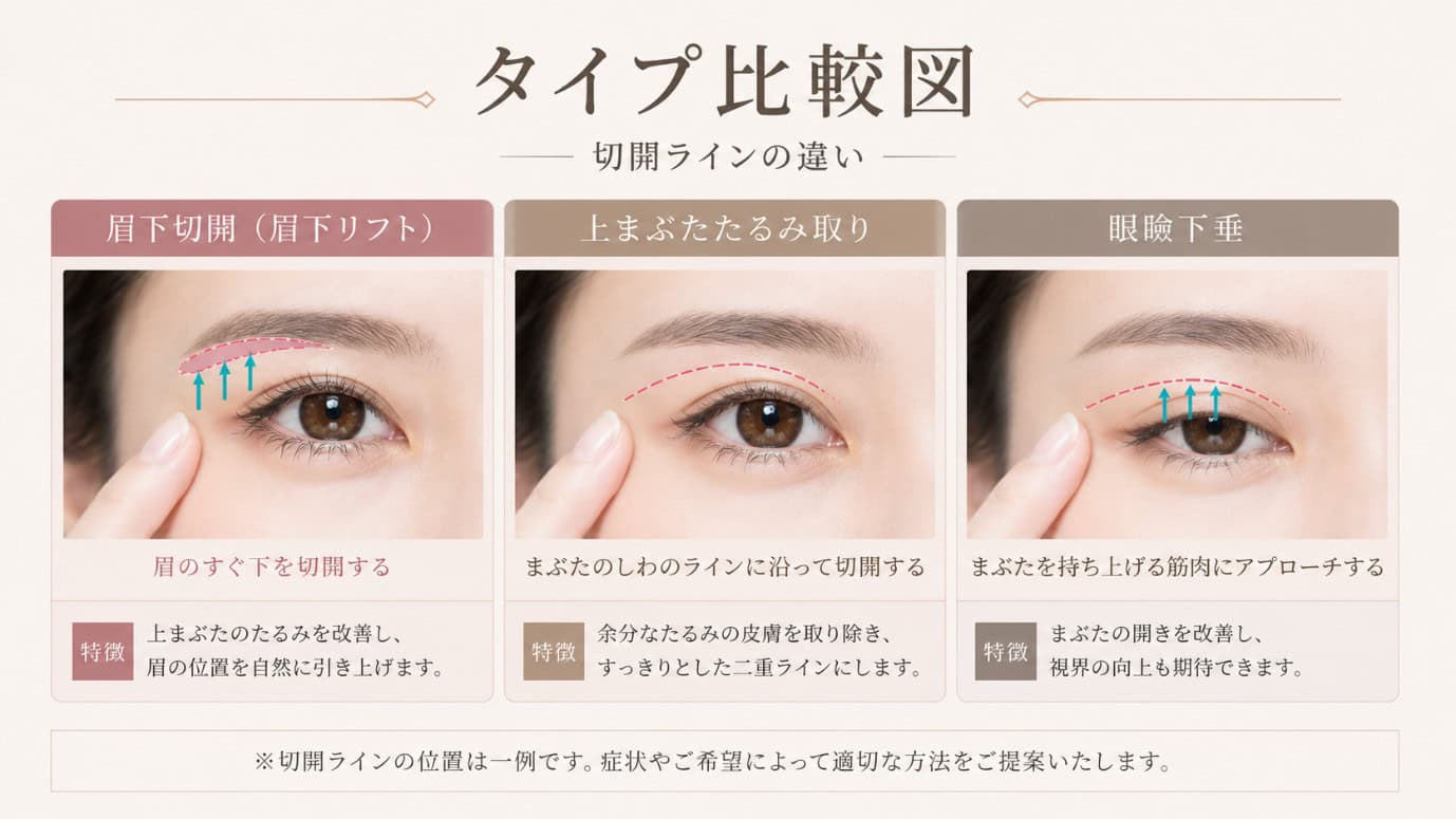 眉下切開と上まぶたのたるみ取りの違いは?どちらが自分に合う?