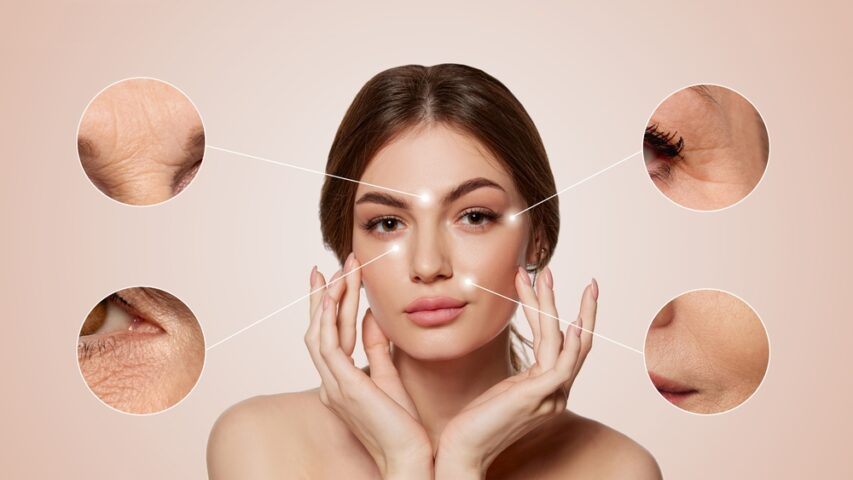 Woman’s face with skin problem zones highlighted across botox injection sites